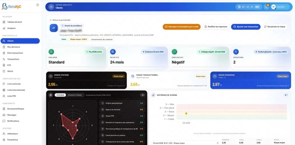 Tableau de bord BetaKYC — fiche client et scoring KYC