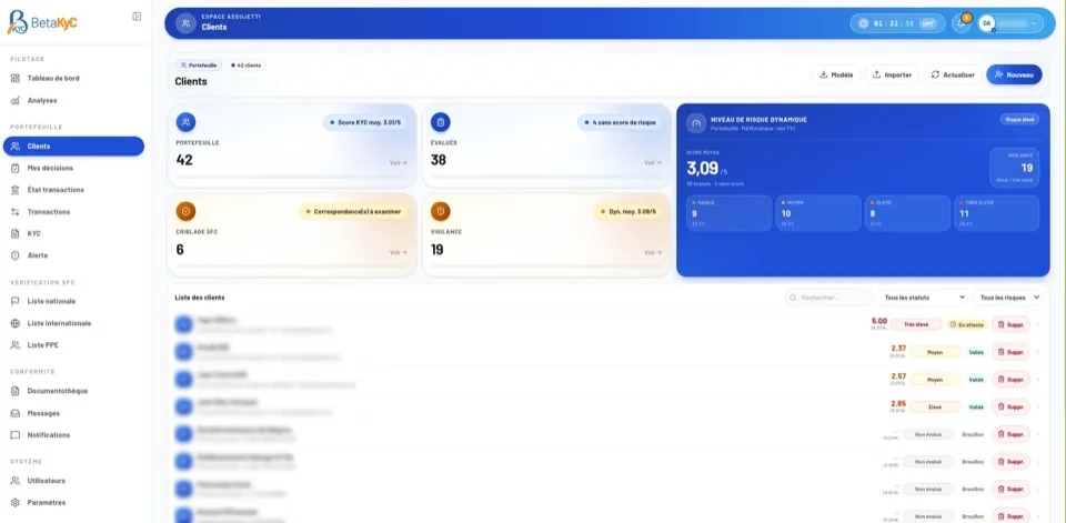 Tableau de bord BetaKYC — vue portefeuille clients